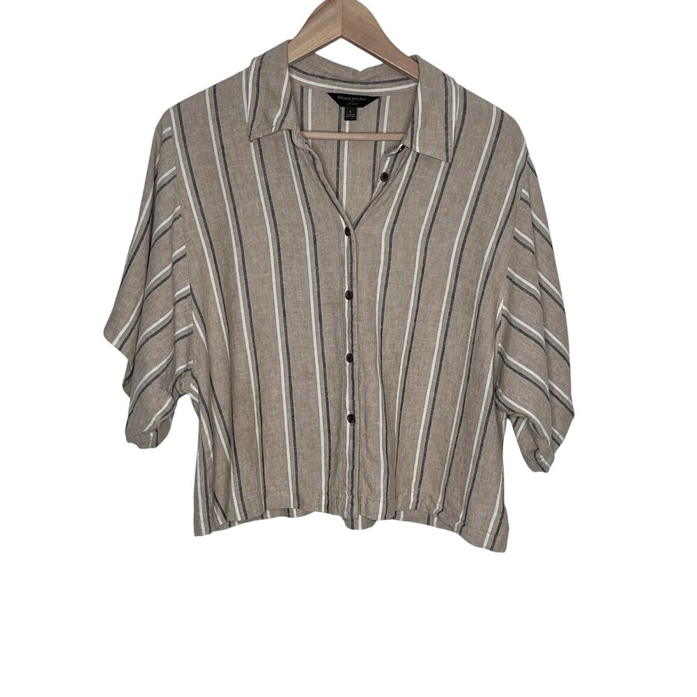 Banana Republic Linen Blend Striped Coastal Button Front Top Large